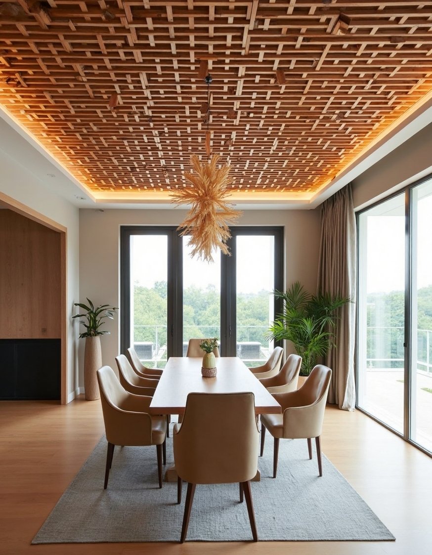 Innovative contemporary ceiling design - Herringbone Wooden Slat Ceiling: Modern Dining Room - Modern herringbone ceiling: a stylish wooden slat design....