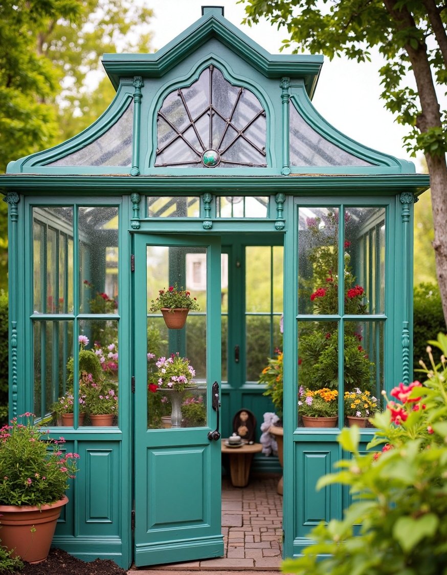 home greenhouse ideas - Charming Backyard Greenhouse: Hand-Painted Greenhouse Ideas - Charming backyard greenhouse: hand-painted details and intricate metalwork...