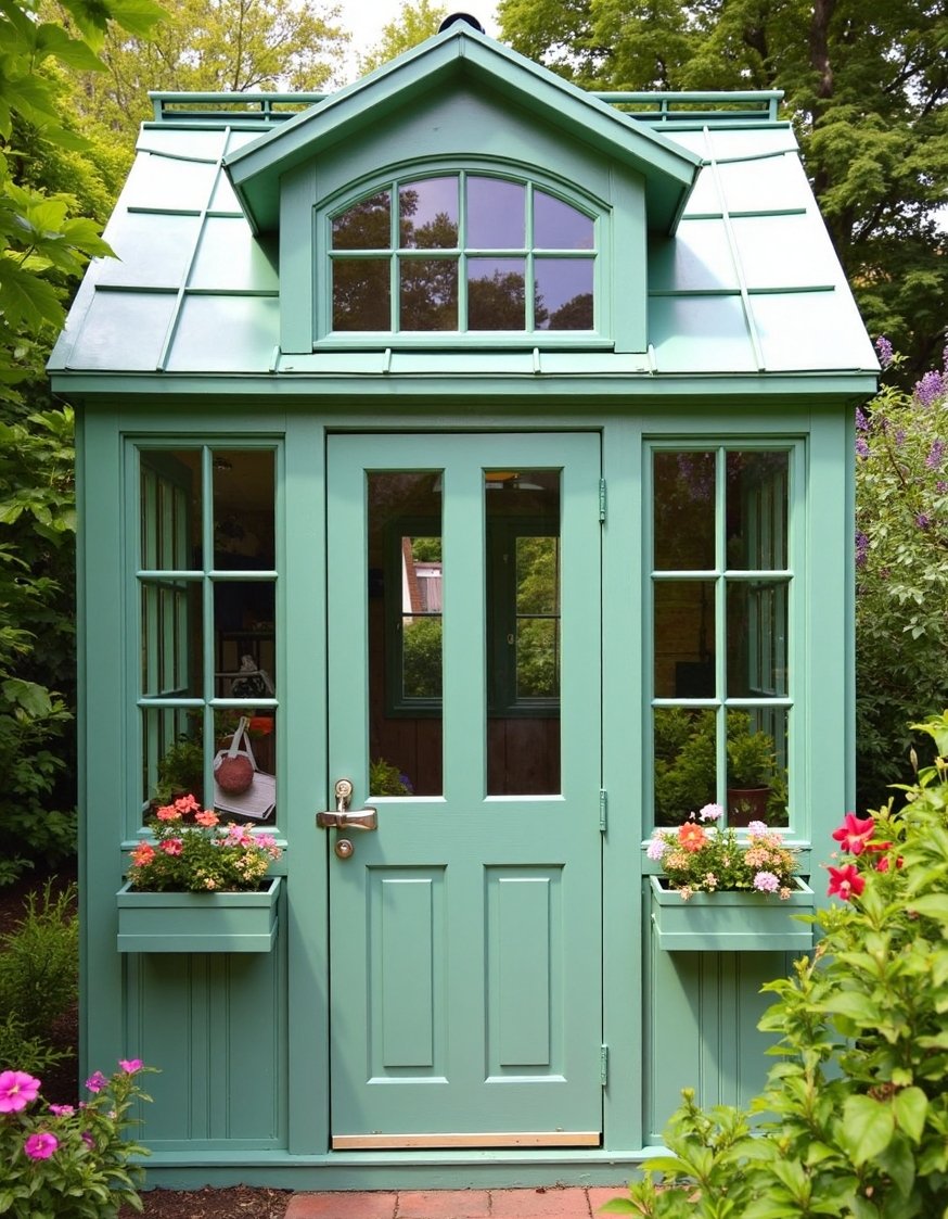 home greenhouse ideas - Charming Cottage Greenhouse Shed: Backyard Greenhouse Ideas - Charming cottage greenhouse! I love the flower boxes;...