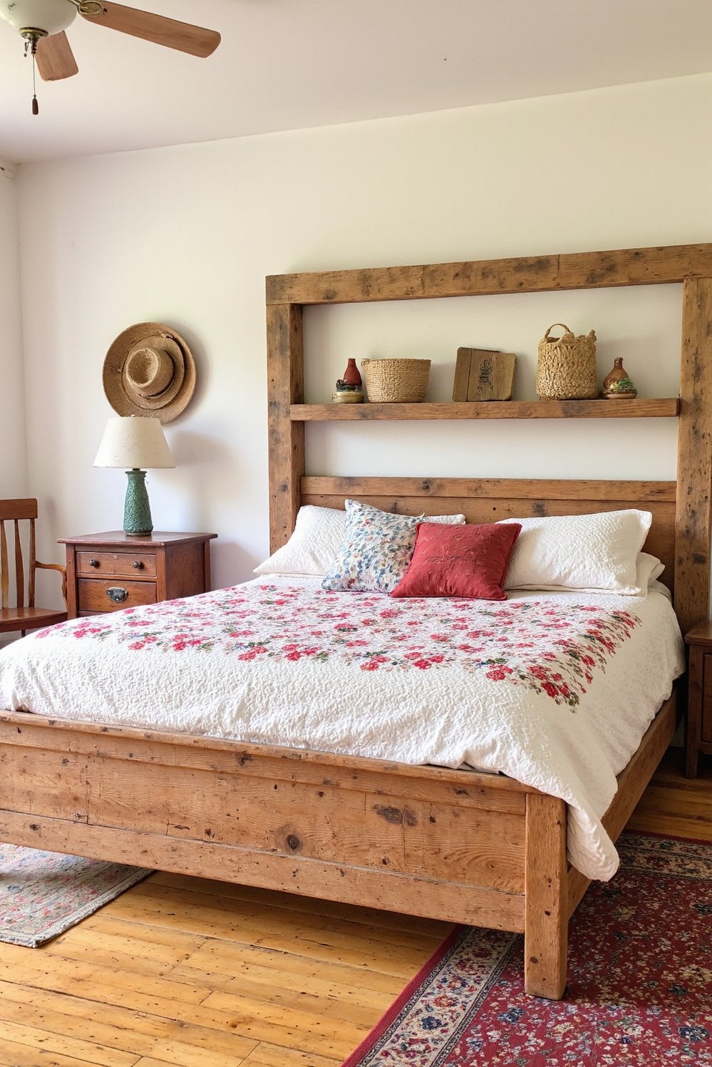 Cherry Bedroom Ideas - Rustic-Chic Cherry Wood Bedroom with Blossom Decor - Rustic cherry bedroom with a reclaimed wood bed...