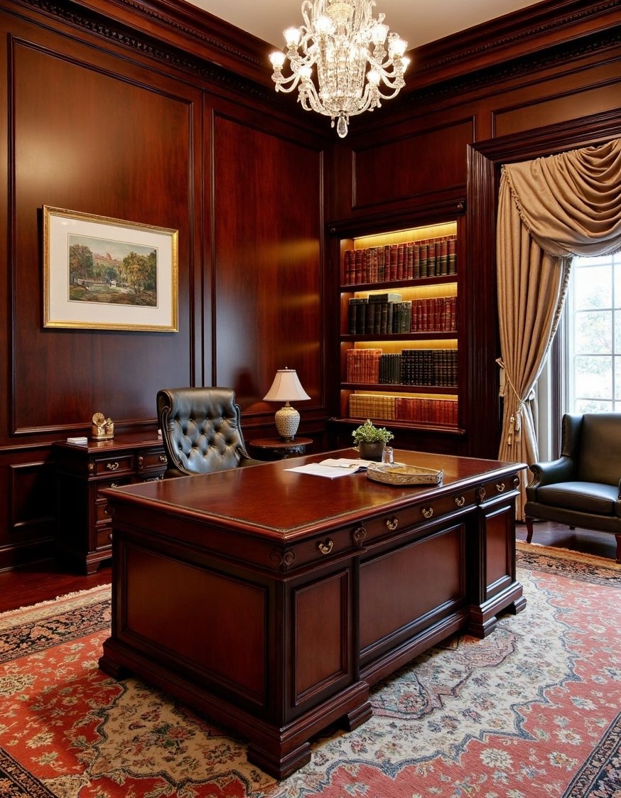 Luxury CEO Office Room - Classic Luxury CEO Office: Mahogany & Crystal - This classic CEO office exudes luxury. Rich wood...