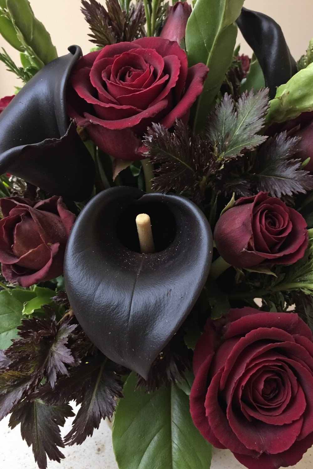 Moody Romantic Wedding Decor - Moody Romantic Bouquet: Dark Roses & Calla Lilies - Dark wedding bouquet: rich textures and colors. Black...