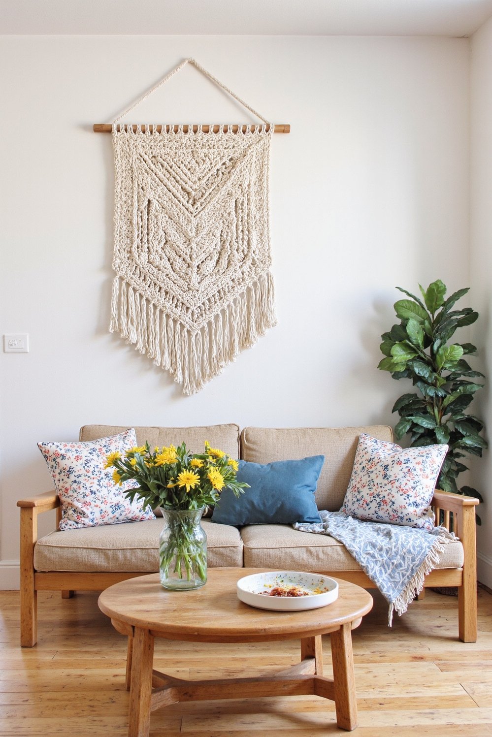 beachy living room ideas - Coastal Boho Living Room with Macrame & Light Wood Floor - Beachy living room decor: I love the relaxed...