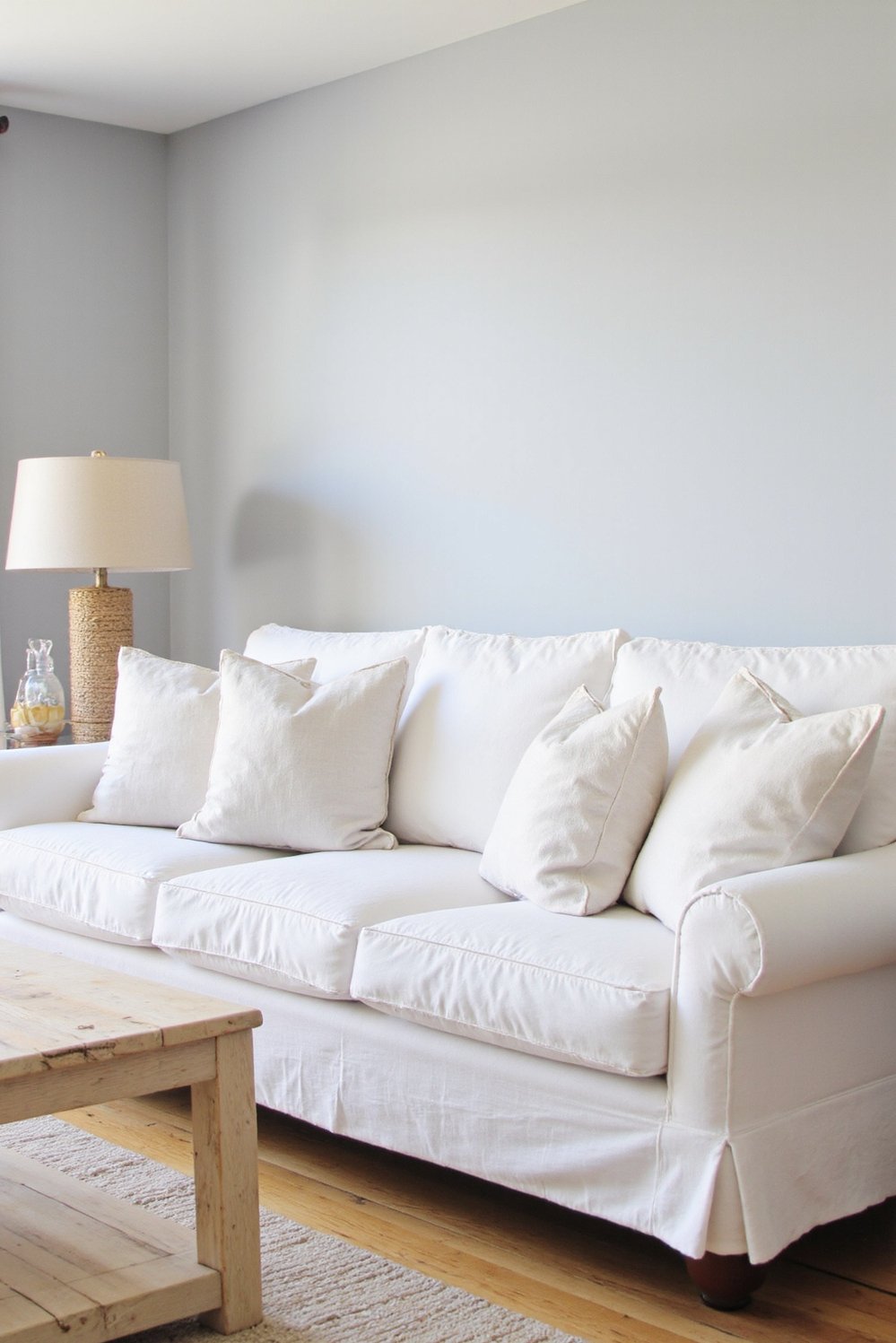beachy living room ideas - Coastal Chic Living Room: White Sofa & Light Wood Floor - Coastal living room ideas: This sophisticated space is...