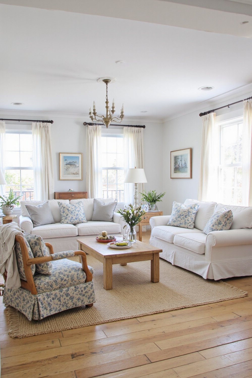 beachy living room ideas - Coastal Chic Living Room: Linen & Light Wood Floor - This coastal chic living room is pure elegance....