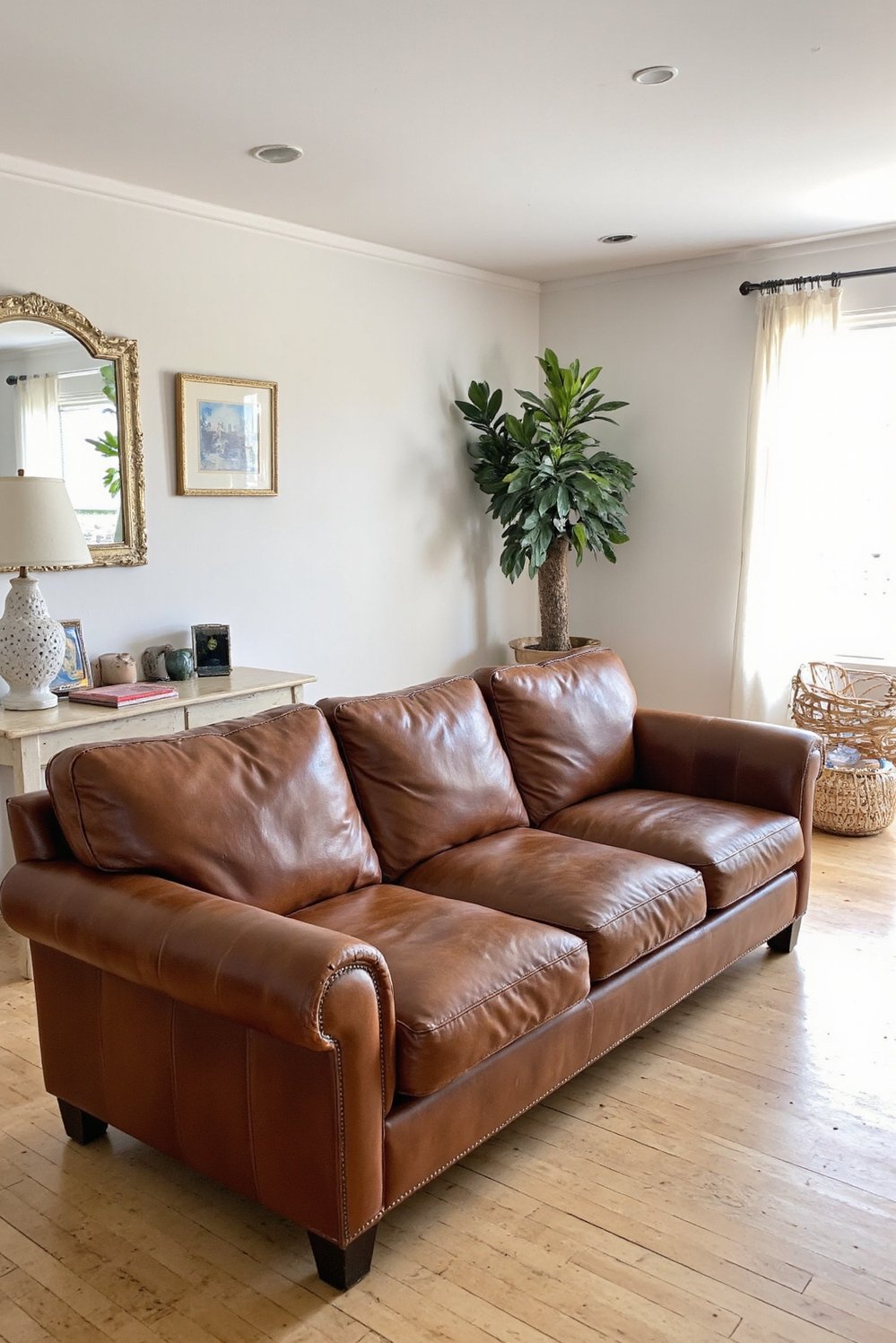 beachy living room ideas - Coastal Living Room: Leather Couch & Neutral Tones - Beach house living room with a gorgeous leather...