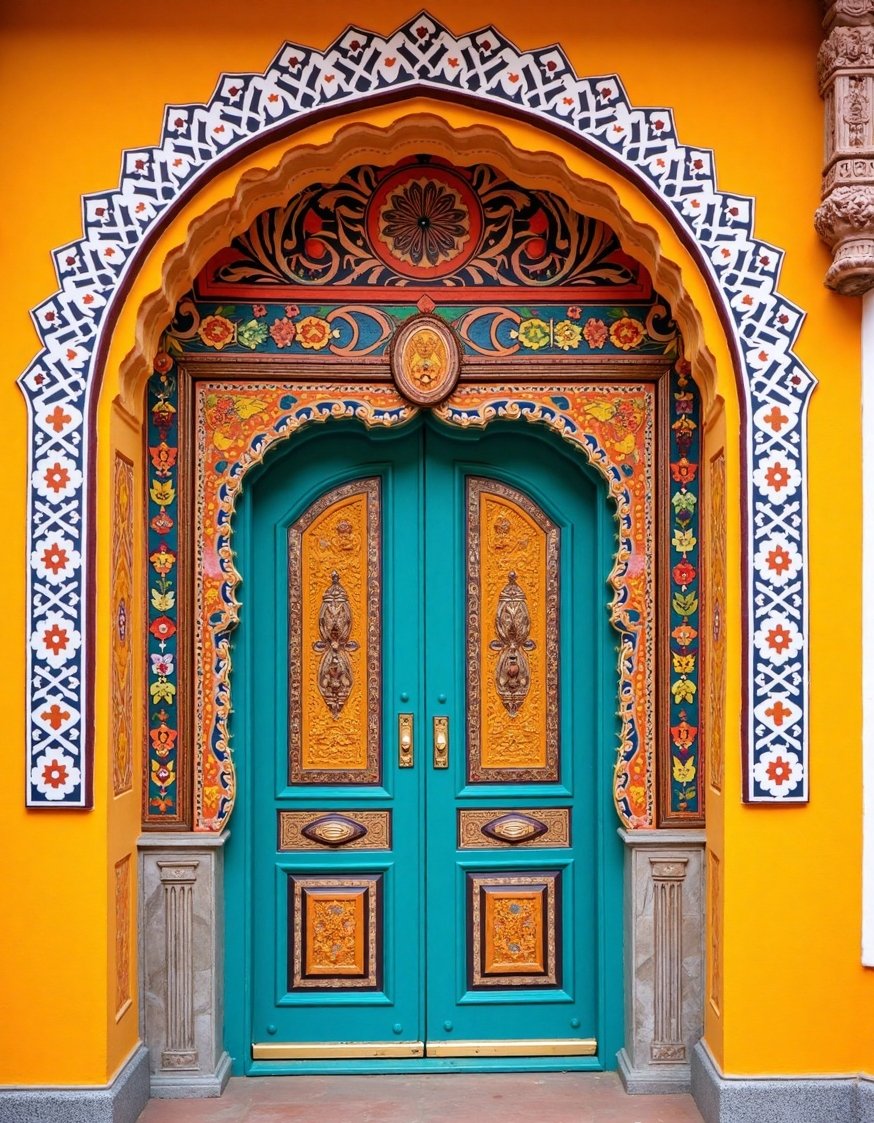 luxury houses entrance - Vibrant Indian House Entrance: Intricate Carvings & Patterns - Vibrant Indian-style house entrance: Intricate carvings and rich...