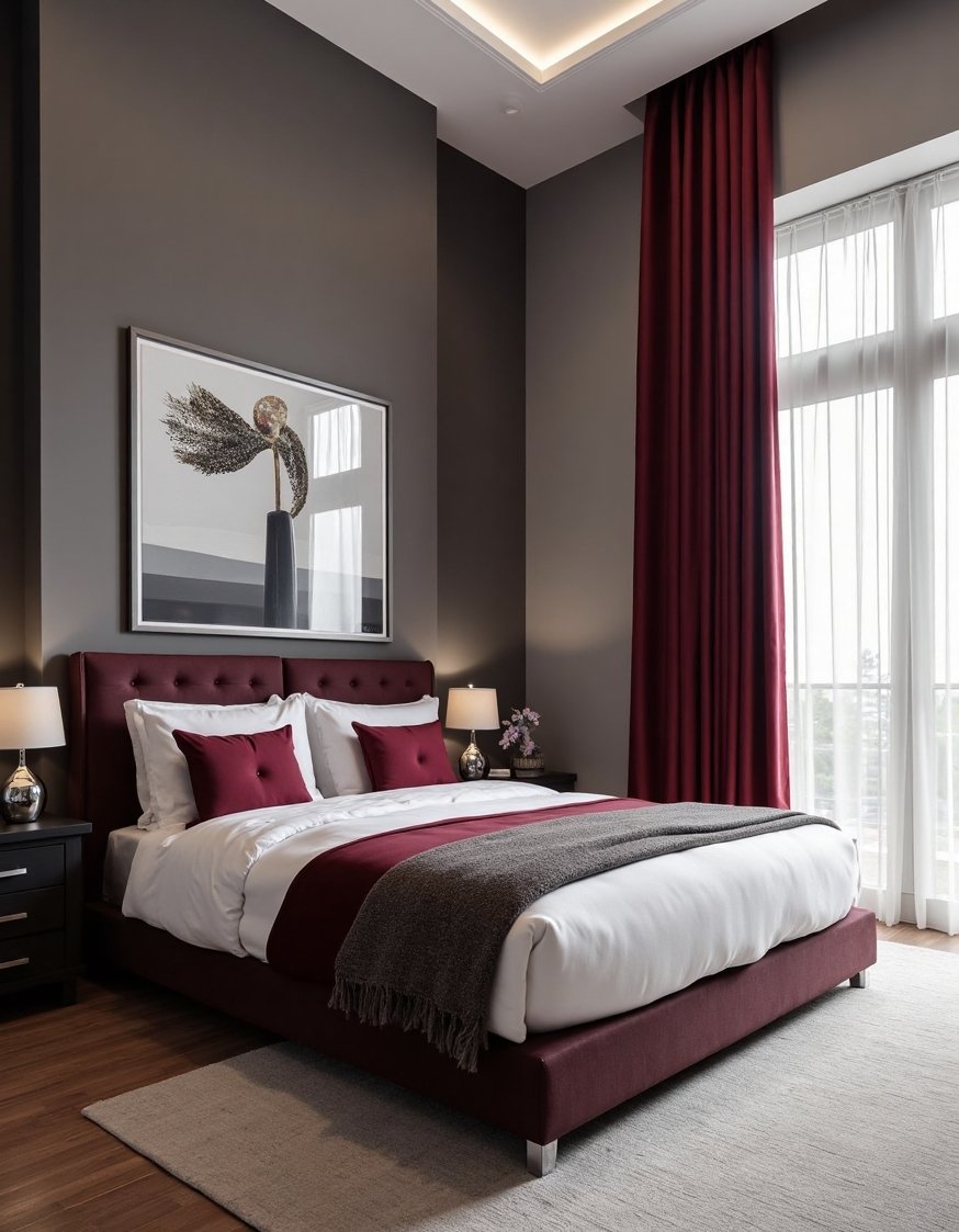 best bedroom color combination ideas - Charcoal Grey & Burgundy: Modern Bedroom Color Ideas - Sleek and sophisticated: charcoal grey walls create a...
