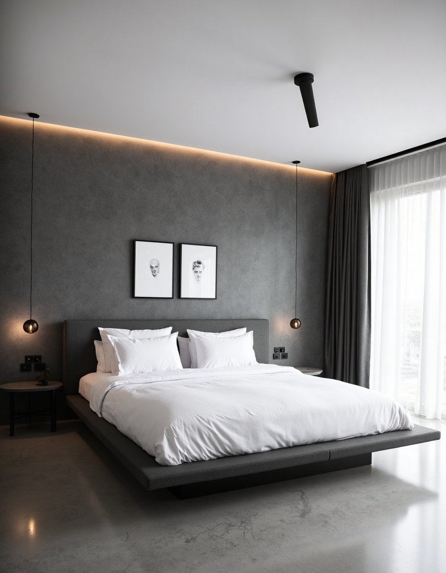 Charcoal Bedroom Ideas - Contemporary Charcoal Bedroom with Textured Gray Wall - Contemporary charcoal bedroom ideas: This room's got it...