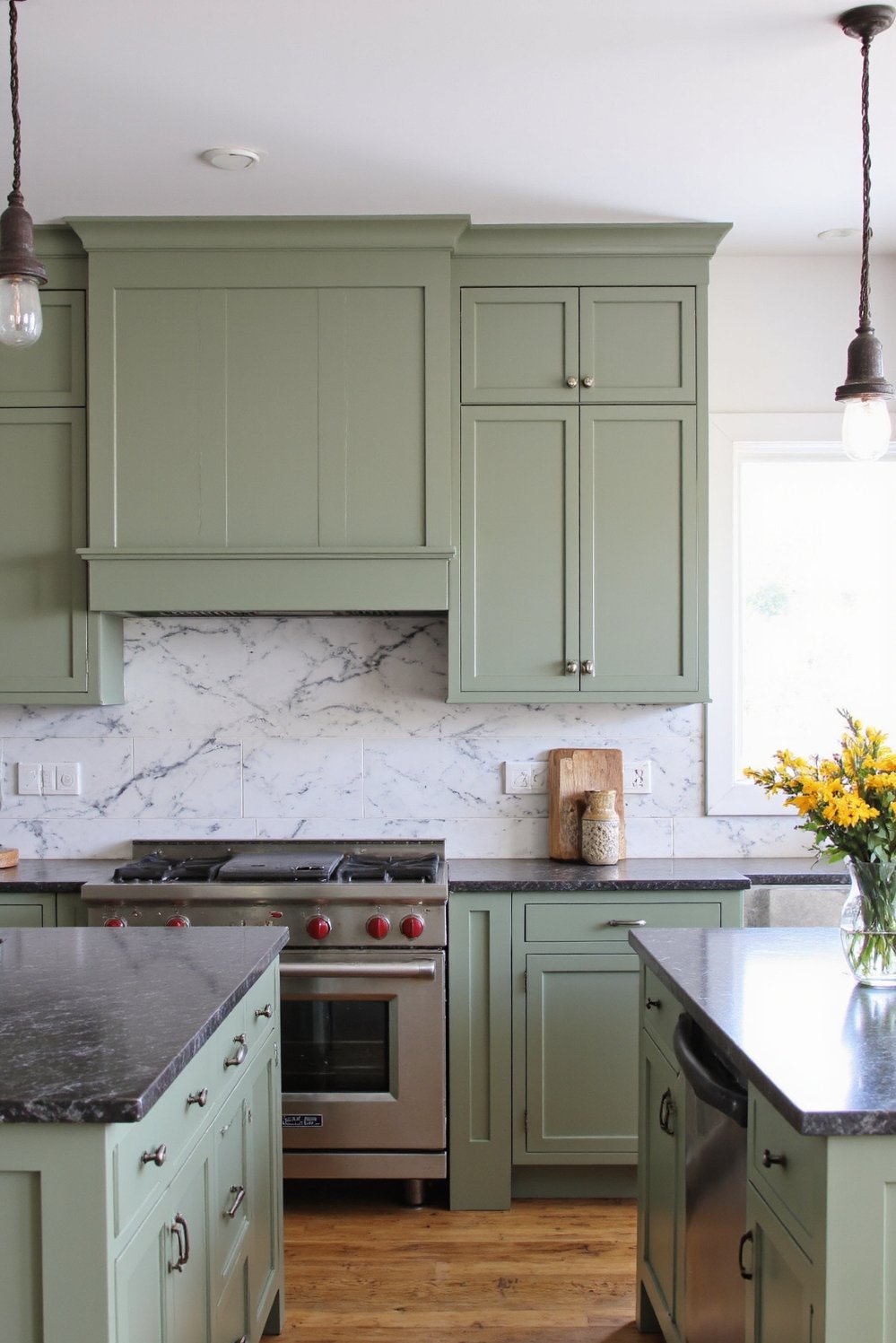 Sage Green Home Decor Ideas - Sleek Sage Green Kitchen: Grey Granite & Marble - Sage green kitchen cabinets and marble backsplash? This...