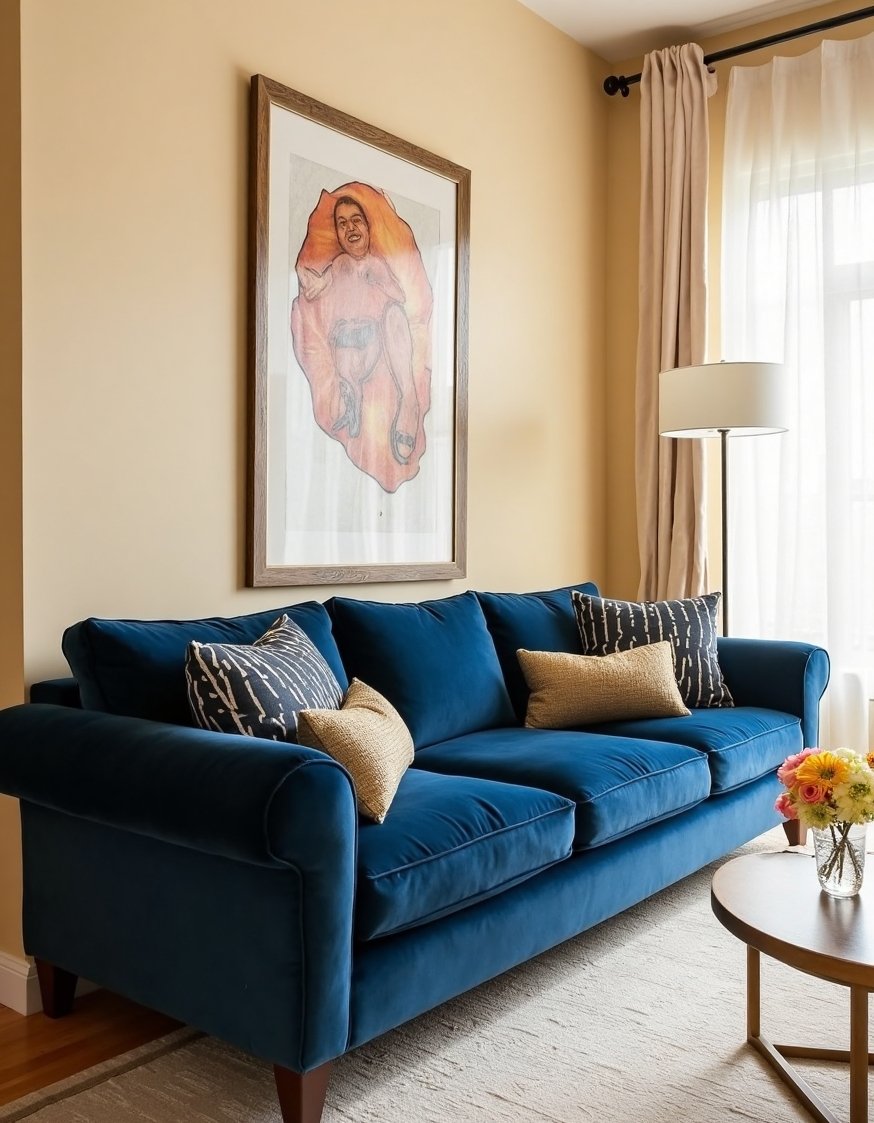 living room color combination ideas - Navy Blue & Beige Living Room: Glamorous 2025 Palette - Navy blue sofa, creamy beige walls: a sophisticated...