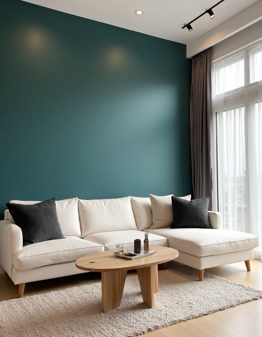 living room color combination ideas - Teal Accent Wall: Sophisticated Living Room Color Scheme - This sophisticated living room features a deep teal...