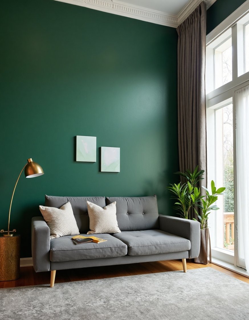 living room color combination ideas - Emerald Green & Gray Living Room Color Palette - Deep emerald green accent wall: a sophisticated, contemporary...
