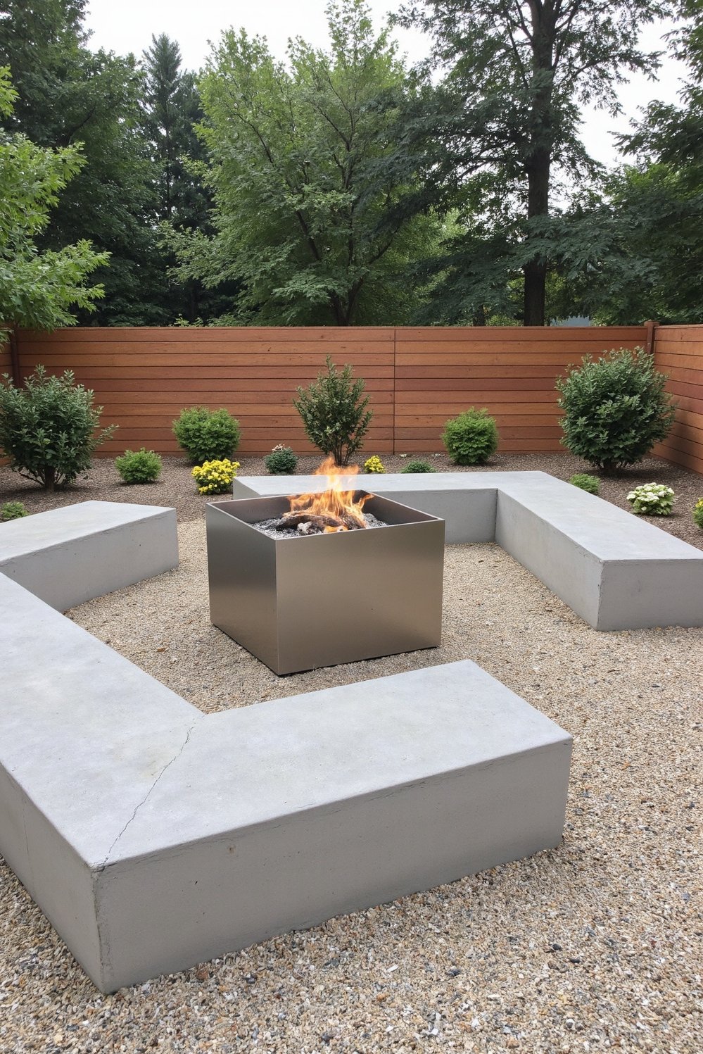 Fire pit patio ideas - Modern Minimalist Outdoor Fire Pit with Concrete Benches - Modern backyard fire pit design. I love the...
