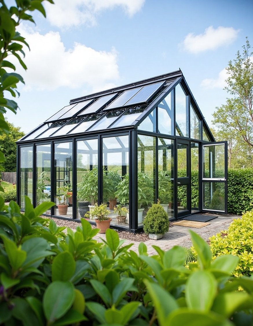 home greenhouse ideas - Sustainable Outdoor Greenhouse: Solar Powered Home Greenhouse - Modern outdoor greenhouse with solar panels! I love...
