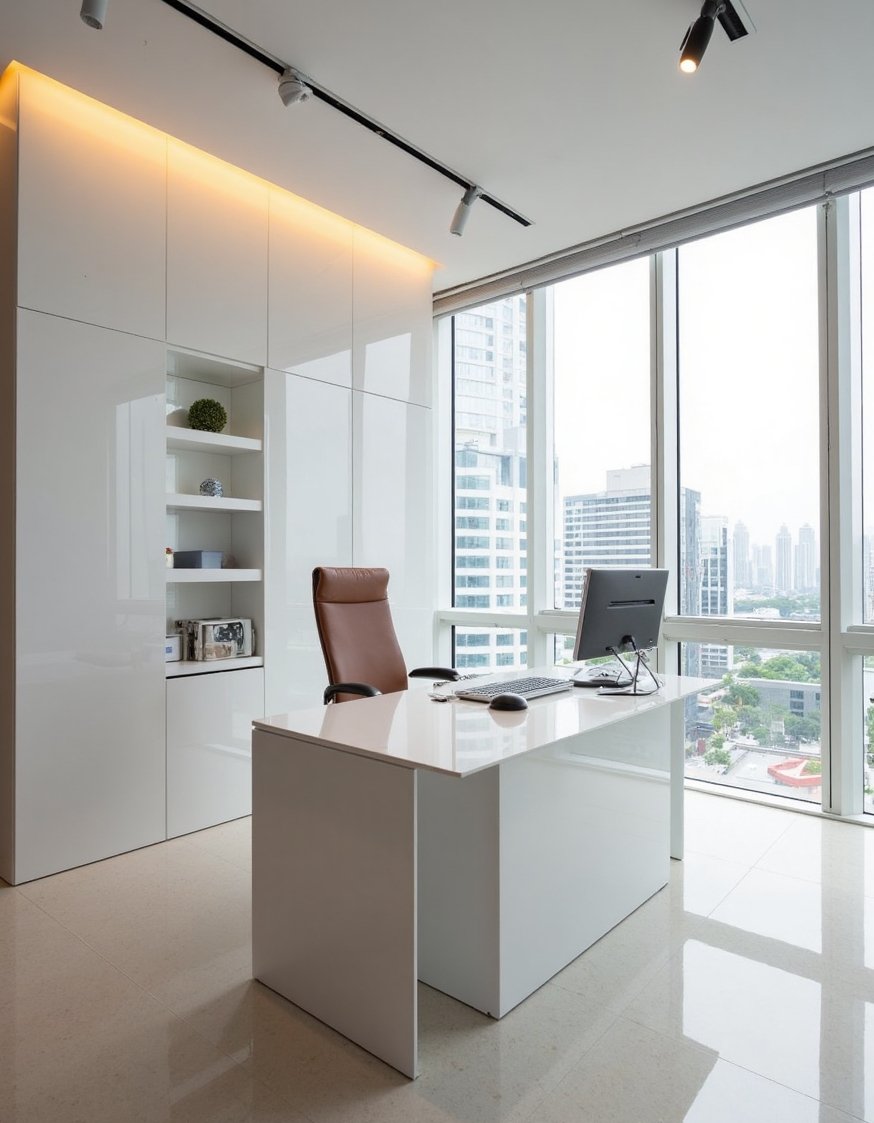 Luxury CEO Office Room - Sleek Modern CEO Office: City View & Luxury Design - Modern minimalist CEO office with stunning city views....