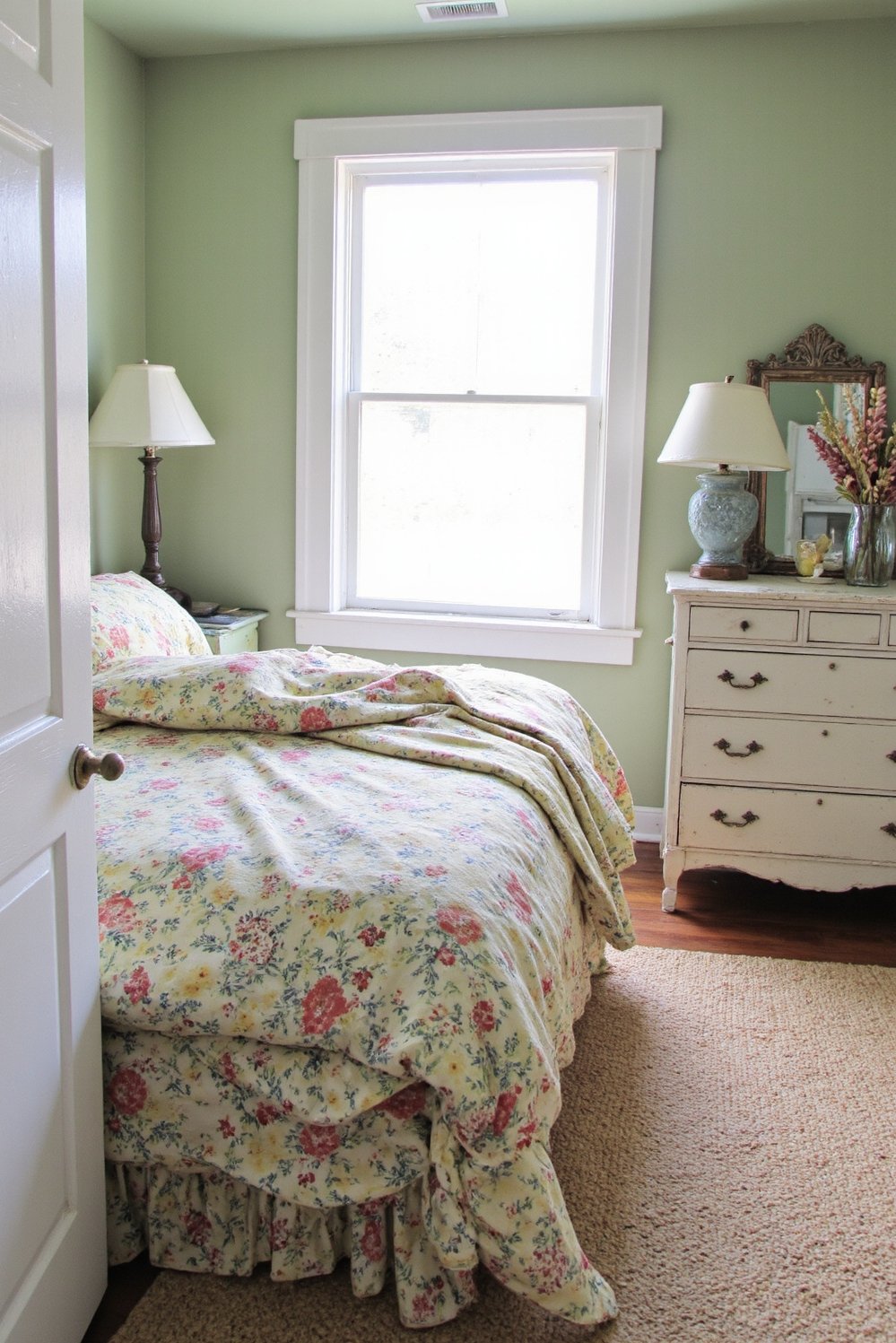 Sage Green Home Decor Ideas - Cozy Sage Green Bedroom: Floral Bedding & Vintage Charm - Sage green bedroom: cottagecore dreams! Soft sage green...