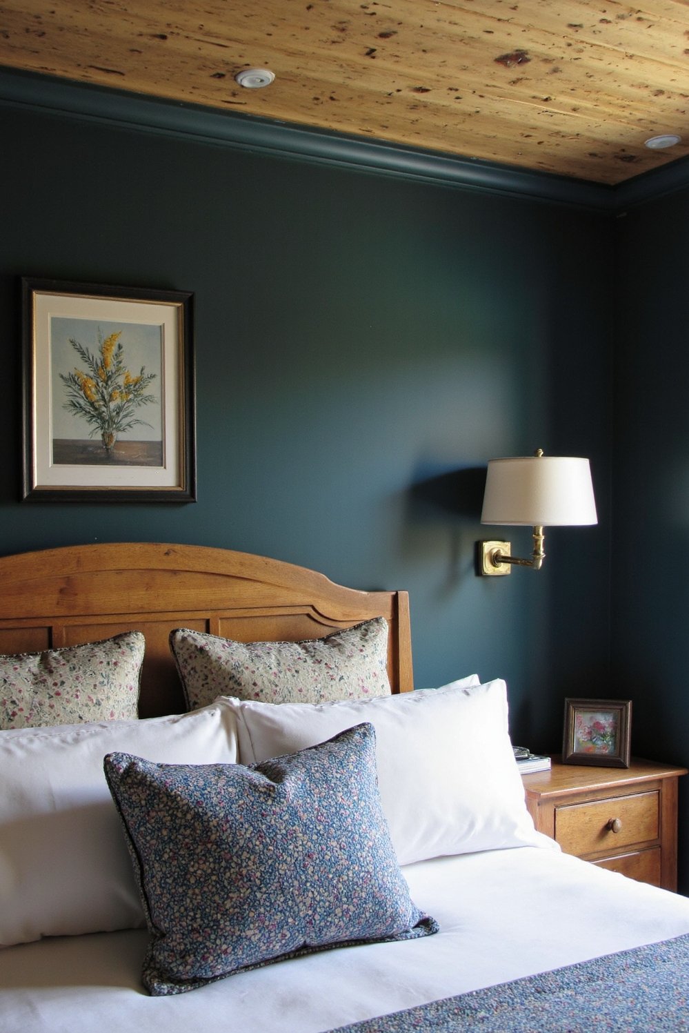 coastal cottage bedroom ideas - Moody Coastal Bedroom: Deep Blues & Warm Wood - Escape to a serene coastal cottage bedroom. Deep...