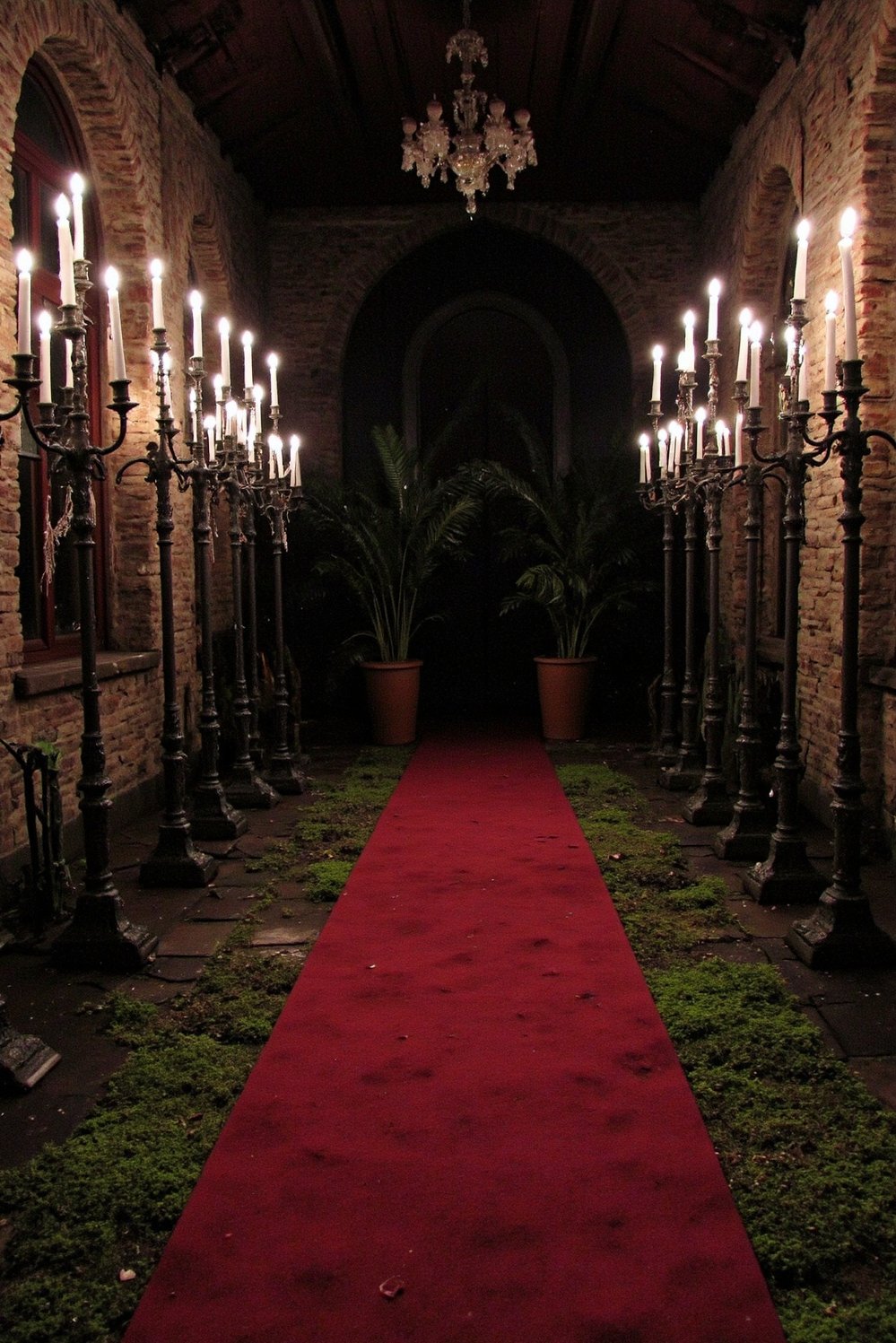 Moody Romantic Wedding Decor - Gothic Wedding Ceremony: Moody Decor & Red Velvet - Gothic wedding ceremony decor: Tall wrought-iron candelabras dripping...