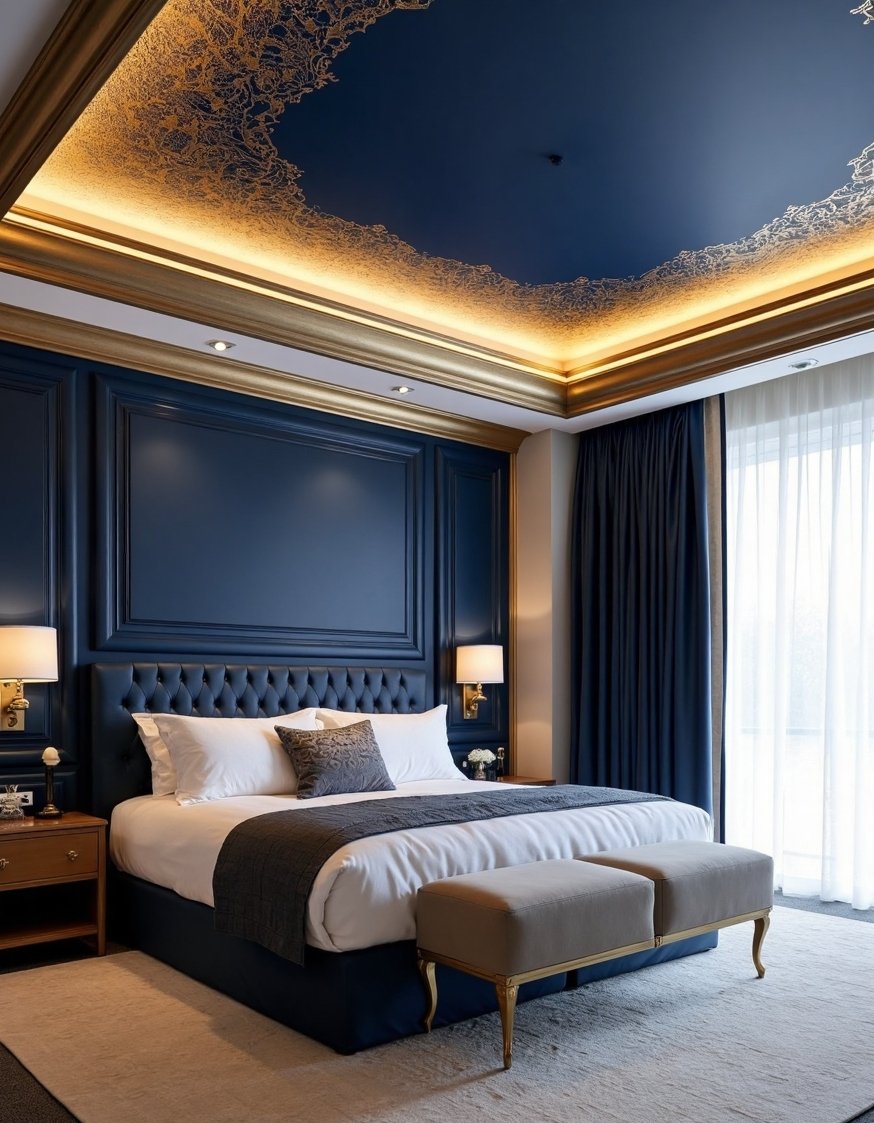 Innovative contemporary ceiling design - Opulent Navy & Gold Master Bedroom Ceiling Design - Modern bedroom ceiling design: Indulge in a navy...