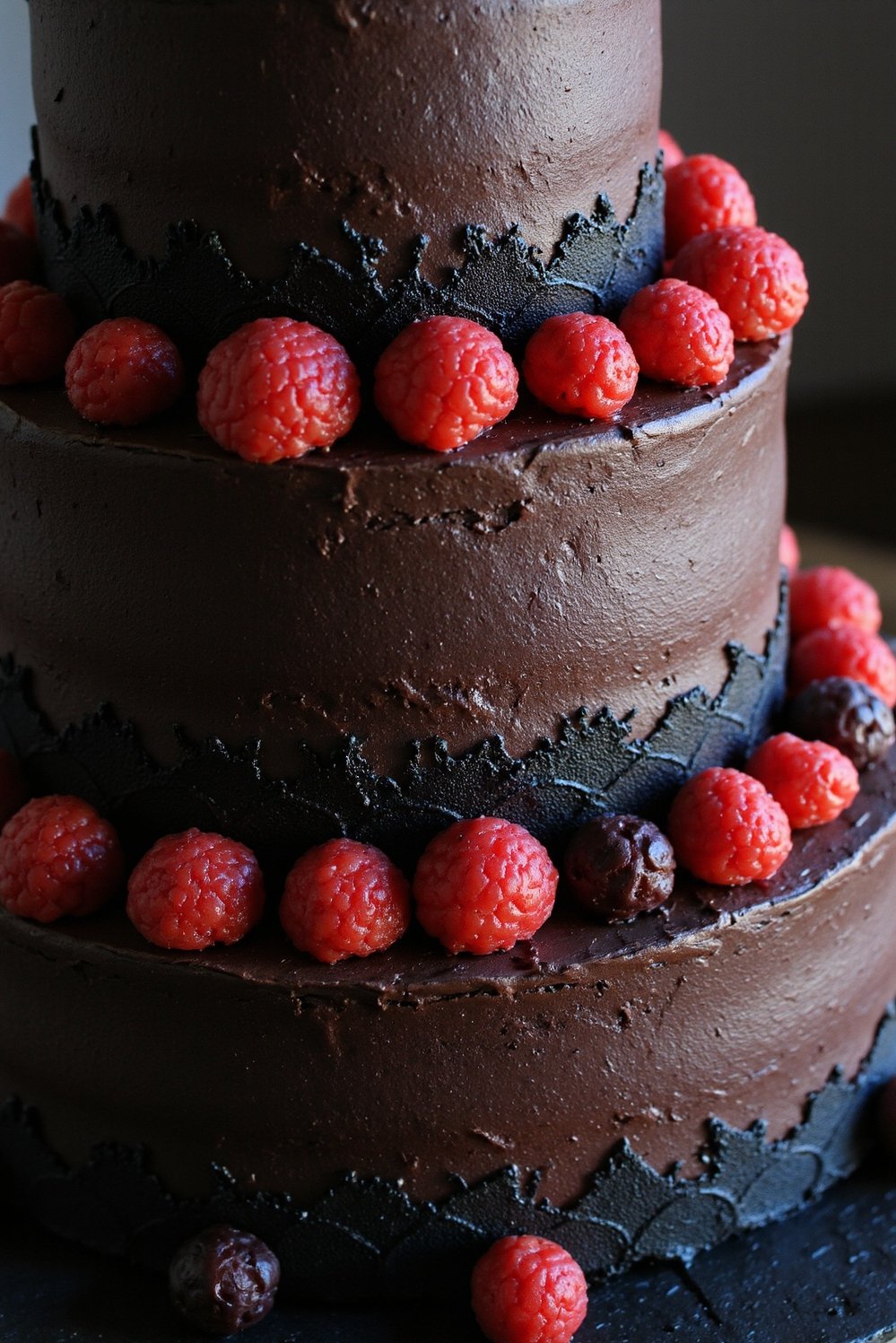 Moody Romantic Wedding Decor - Dark Chocolate Goth Wedding Cake & Decor - Gothic wedding cake: decadent dark chocolate tiers, black...