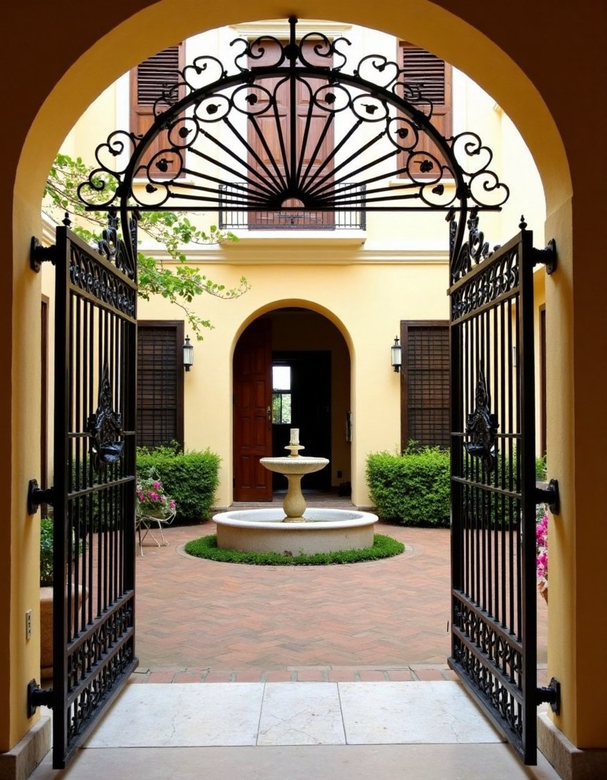 luxury houses entrance - Casas Coloniales Entryway: Intricate Gates & Courtyard Charm - Dreamy colonial house entryway. Intricate wrought-iron gates open...