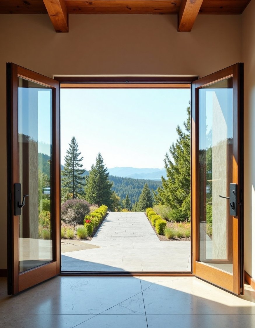 luxury houses entrance - Dream House Entryway: Pivoting Glass Door & View - Luxury home entrance ideas: Step inside a dream....