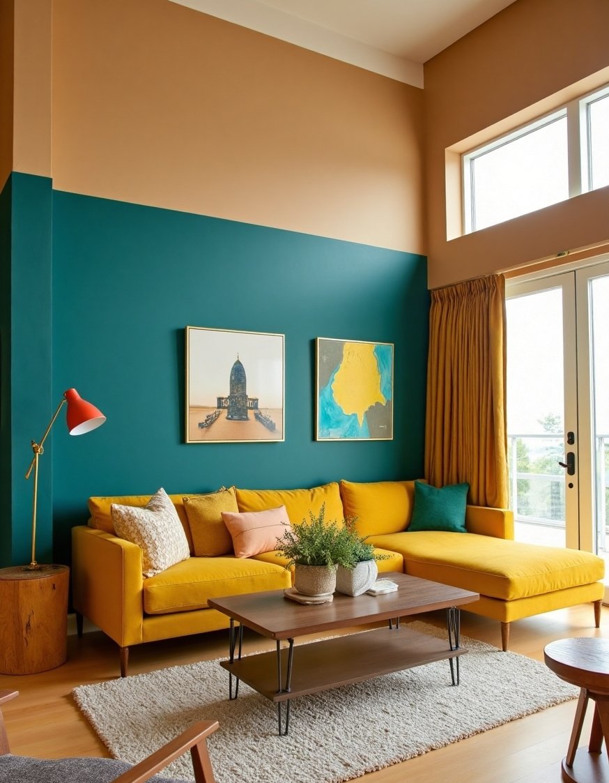 living room color combination ideas - Bold Teal & Mustard Yellow Living Room Palette - This vibrant living room combines deep teal and...