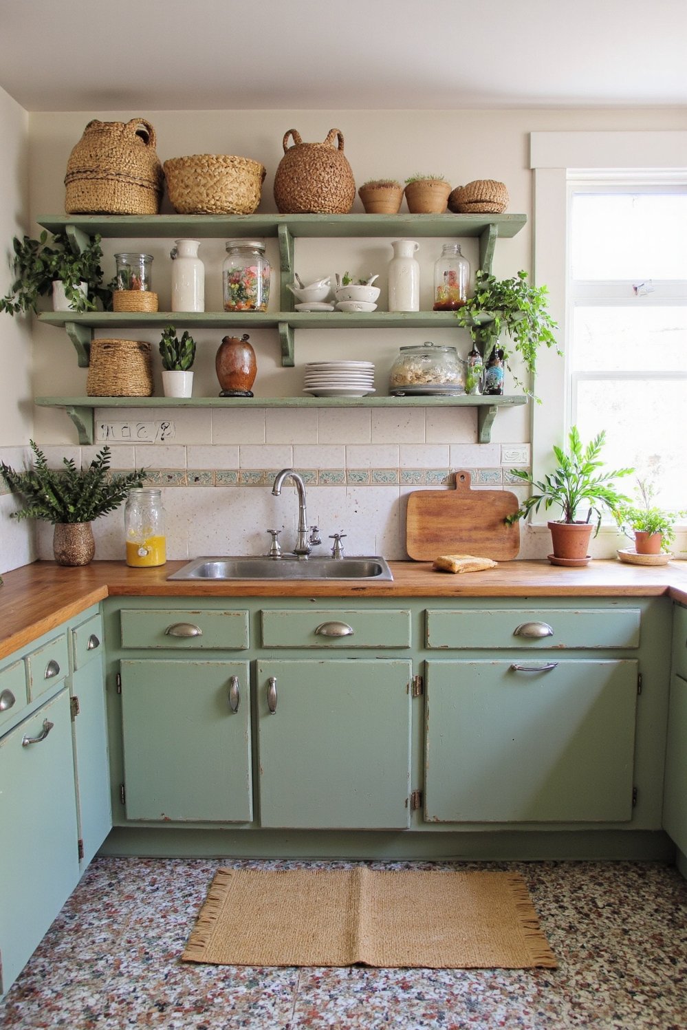 Sage Green Home Decor Ideas - Bohemian Sage Green Kitchen with Woven Accents - Bohemian kitchen, sage green style! I love the...