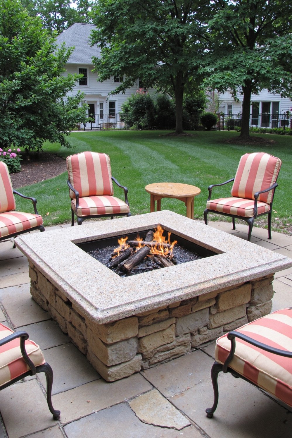 Fire pit patio ideas - Elegant Granite Fire Pit & Wrought Iron Lounge - Create a luxurious backyard retreat with a large,...