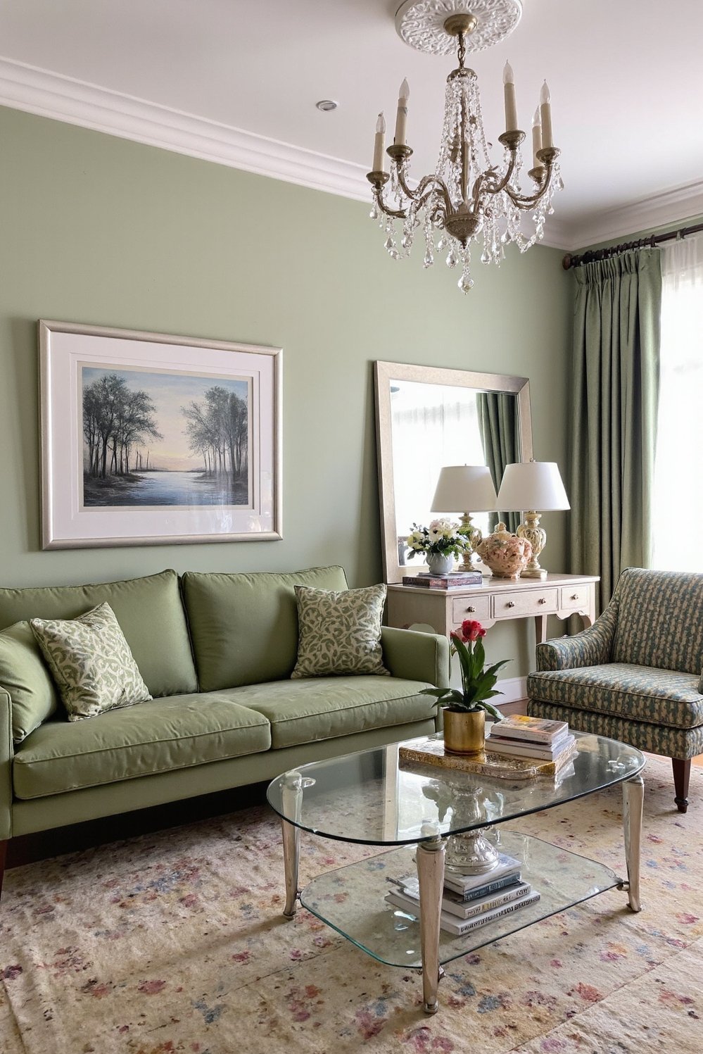 Sage Green Home Decor Ideas - Glam Sage Green Living Room with Mirrored Accents - Sage green living room glam! A velvet sofa...