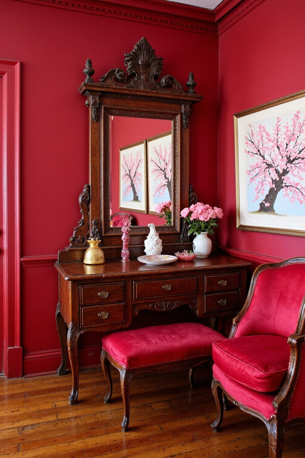 Cherry Bedroom Ideas - Glamorous Red Bedroom with Cherry Wood Vanity - This glamorous red and cherry bedroom is stunning....
