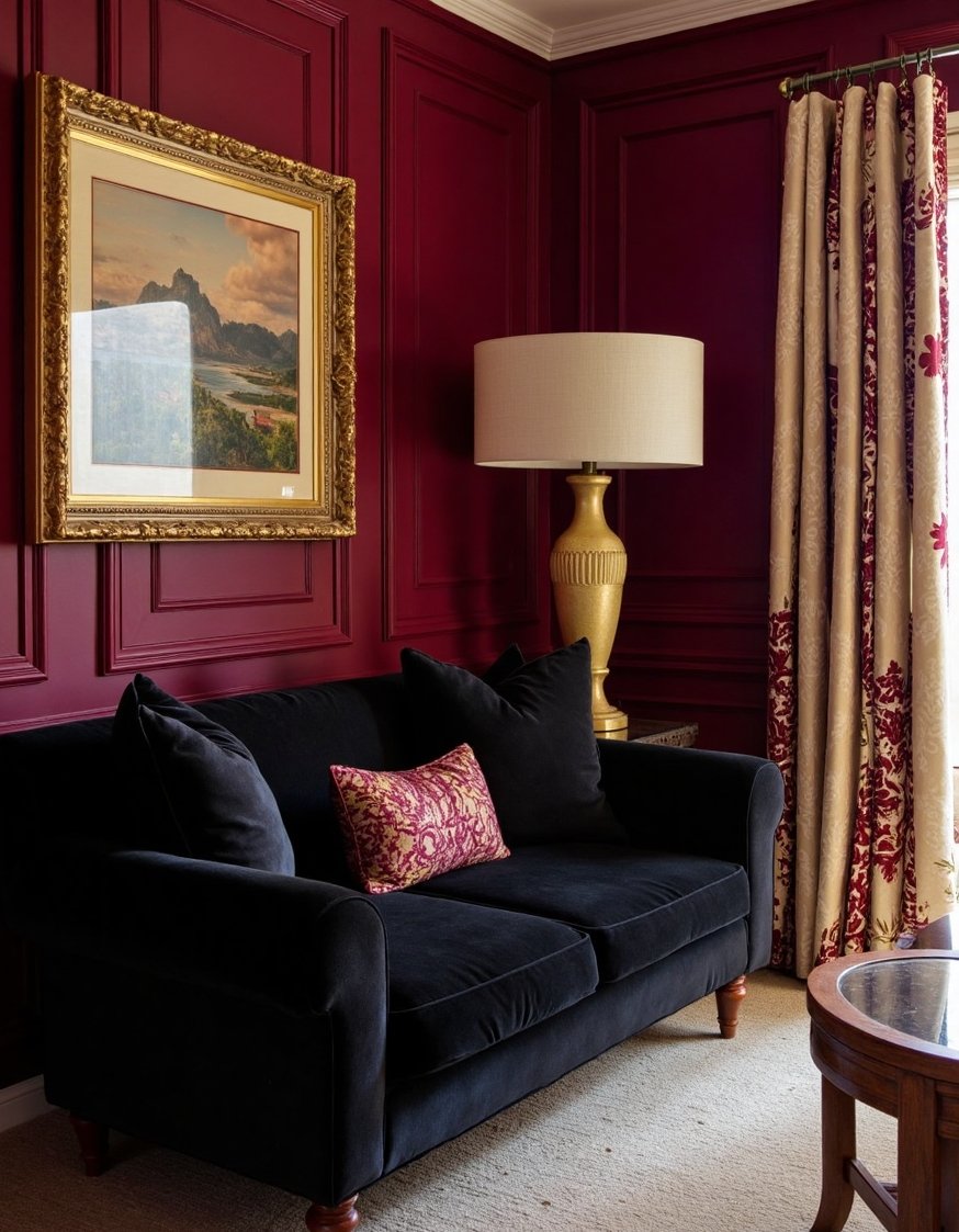 living room color combination ideas - Burgundy & Gold Hollywood Regency Living Room - Deep burgundy walls make a statement in this...