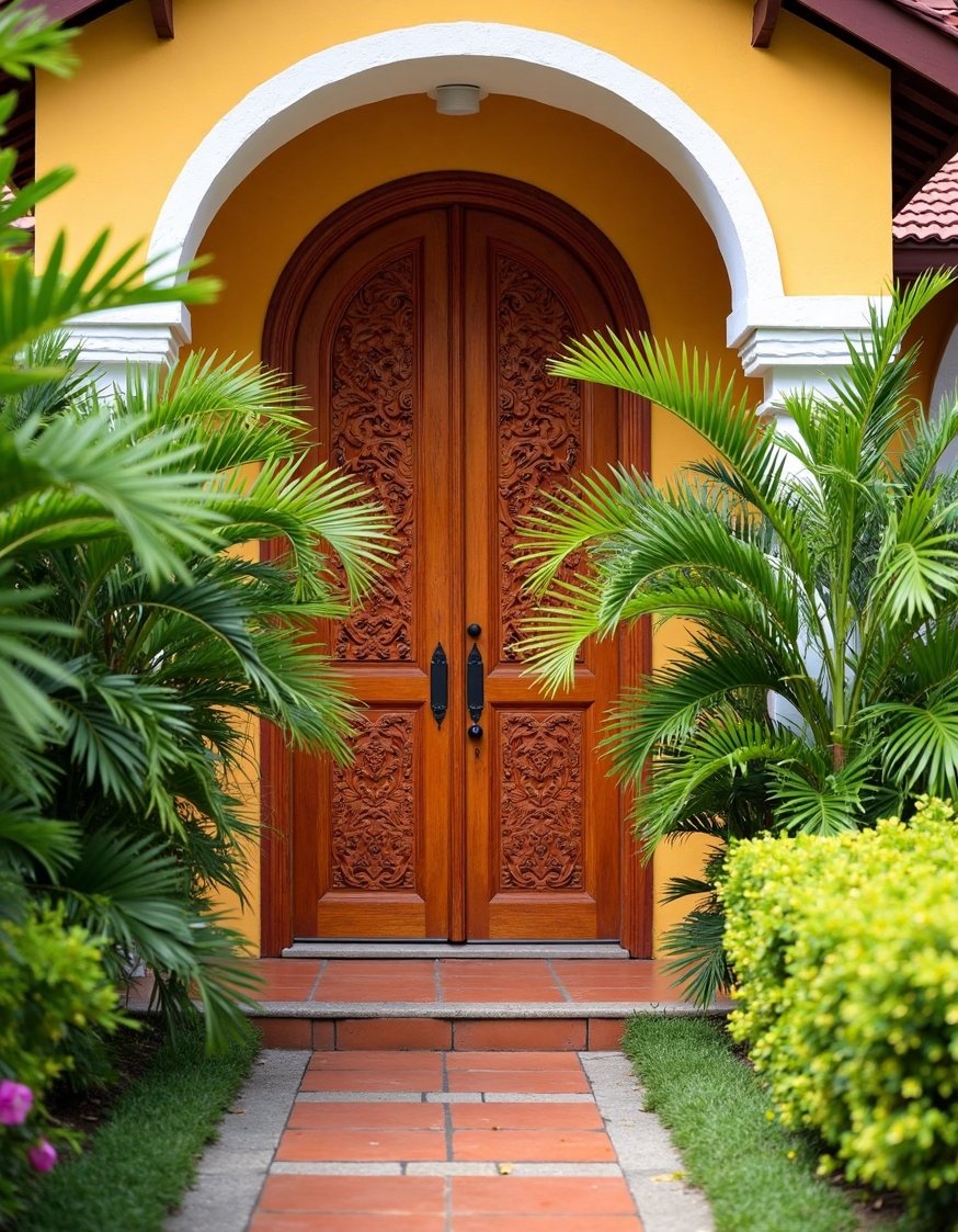 luxury houses entrance - Vibrant Indian-Inspired Entryway with Terracotta Path - Luxury home entrance design: Picture a vibrant Indian-inspired...