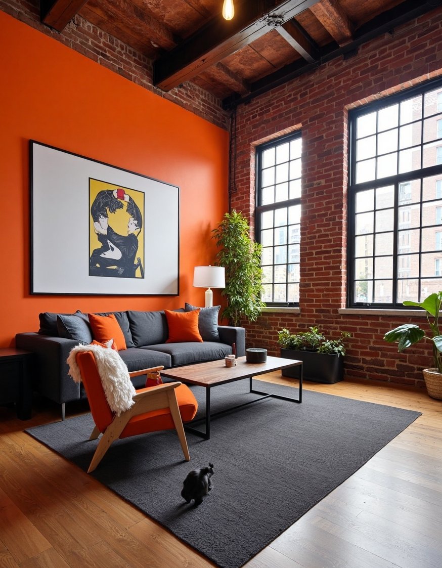 living room color combination ideas - Edgy Industrial Living Room: Orange & Gray Palette - Exposed brick, dark gray furniture, and pops of...