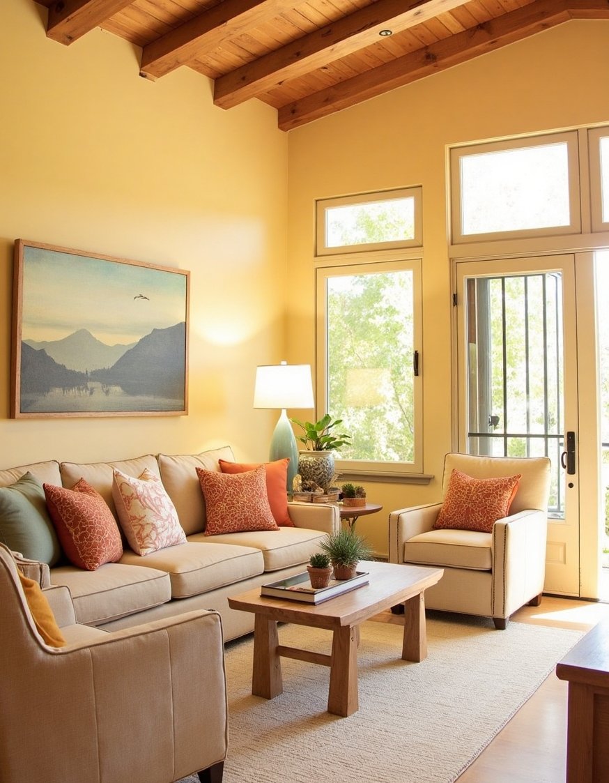 living room color combination ideas - Mediterranean Living Room: Yellow, Terracotta & White - This sunny Mediterranean living room is so bright...