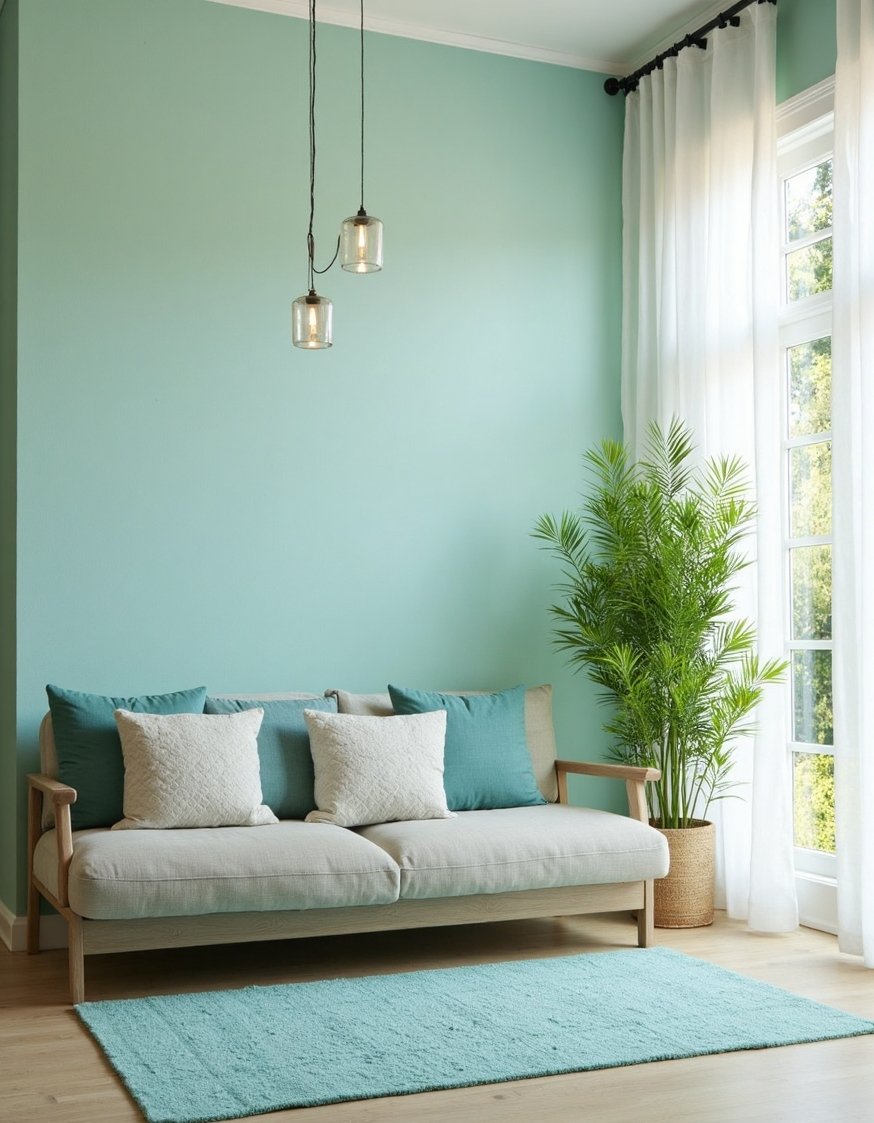 living room color combination ideas - Serene Living Room: Blue, Green & Natural Textures - Create a calming living room with soft blues...