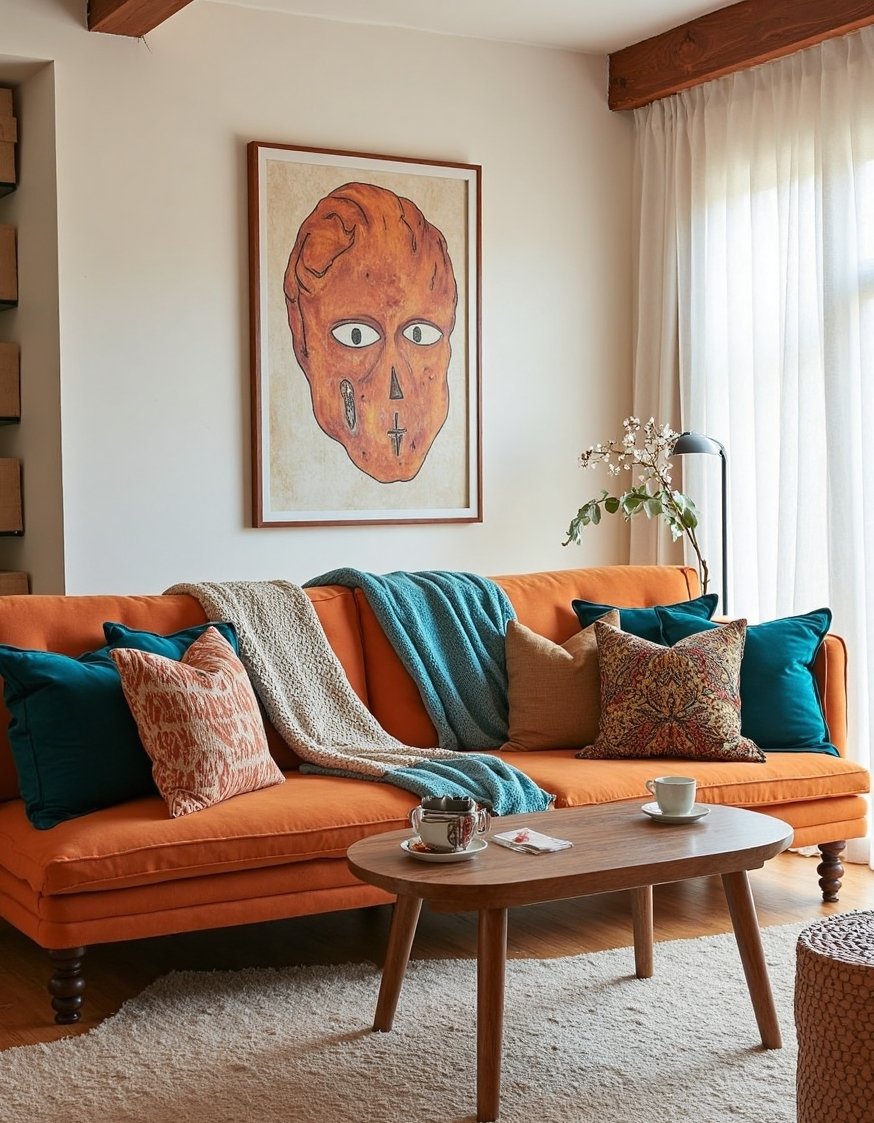 living room color combination ideas - Bohemian Living Room: Burnt Orange & Teal Palette - This bohemian living room is eclectic and inviting....