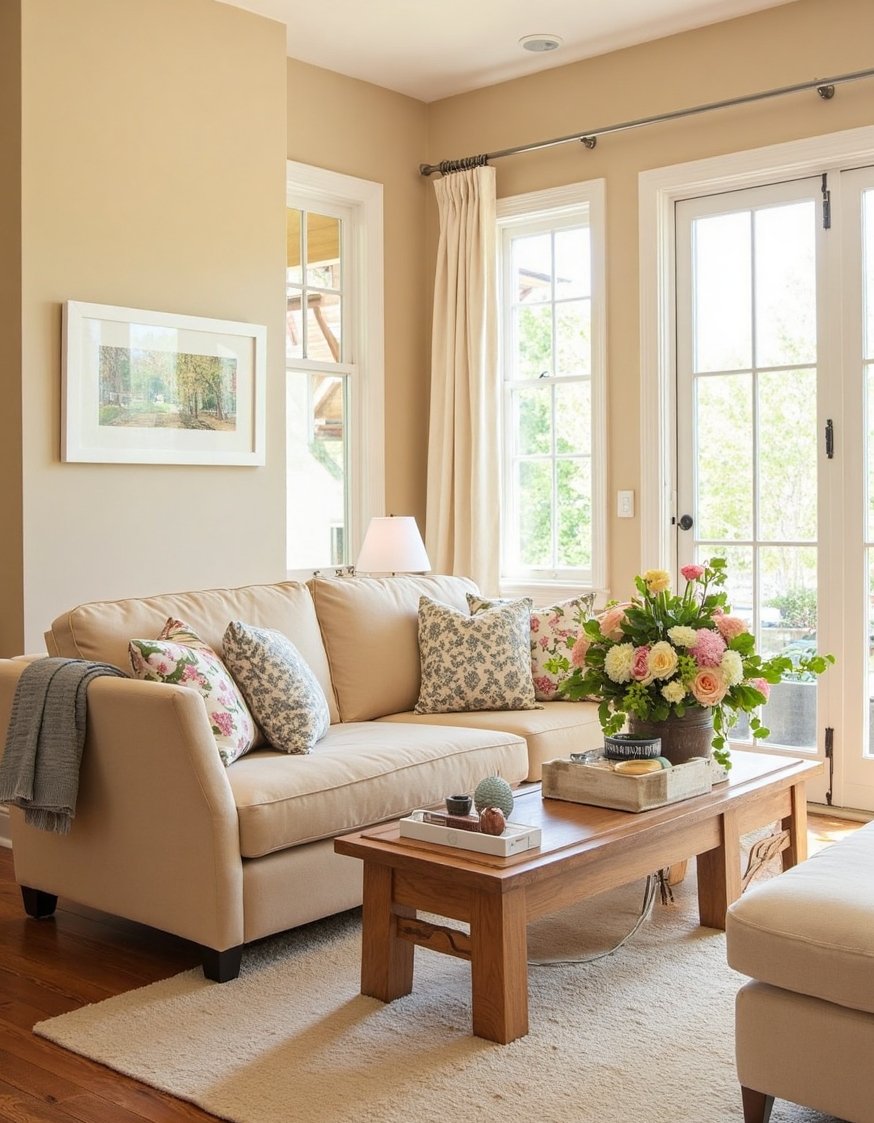 living room color combination ideas - Cream, Brown & Floral: Cozy Cottage Living Room - Cream, brown, and floral: a cozy cottage living...