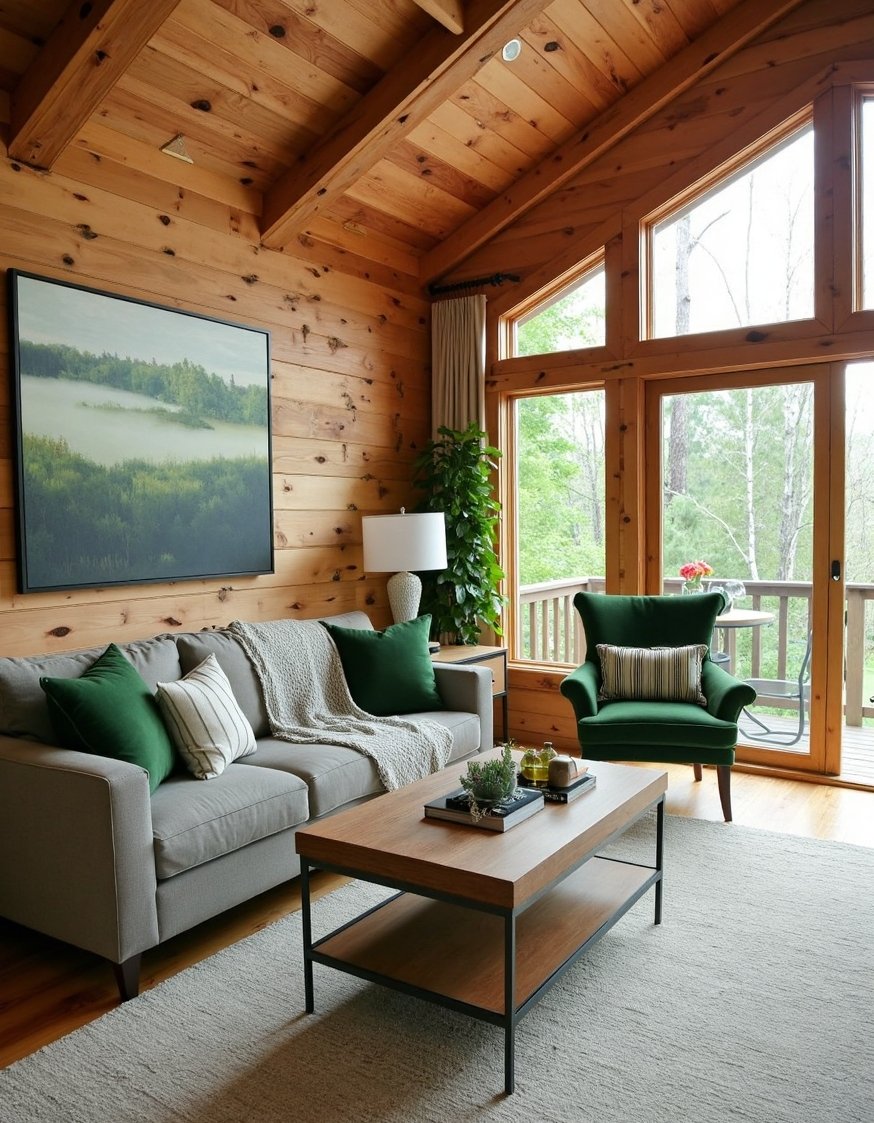 living room color combination ideas - Rustic-Chic Living Room: Gray, Wood & Green Palette - Rustic living room: Reclaimed wood, warm grays, and...