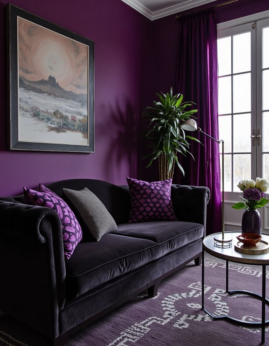 living room color combination ideas - Moody Purple & Black Living Room Color Scheme - Dramatic living room? Deep purples, blacks, and silver...