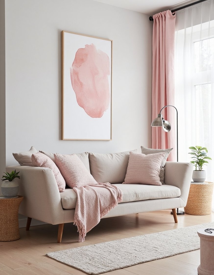 living room color combination ideas - Serene Gray & Blush Pink Living Room Palette - Serene Scandinavian living room: Light gray walls create...
