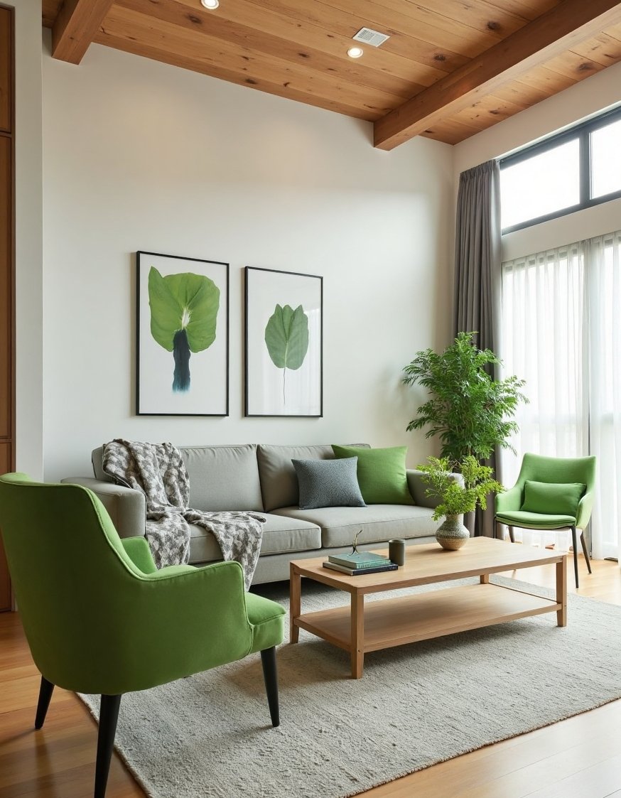 living room color combination ideas - Serene Japanese Living Room: Green & Wood Tones - This minimalist living room uses natural wood tones,...