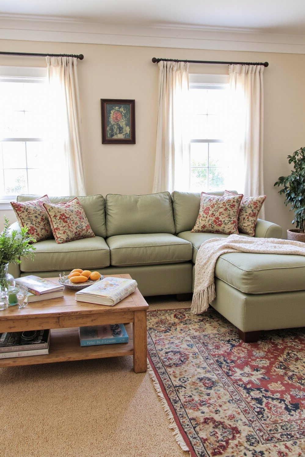 Sage Green Home Decor Ideas - Sage Green Sectional Sofa: Transitional Living Room Design - Sage green living room ideas? This transitional space...