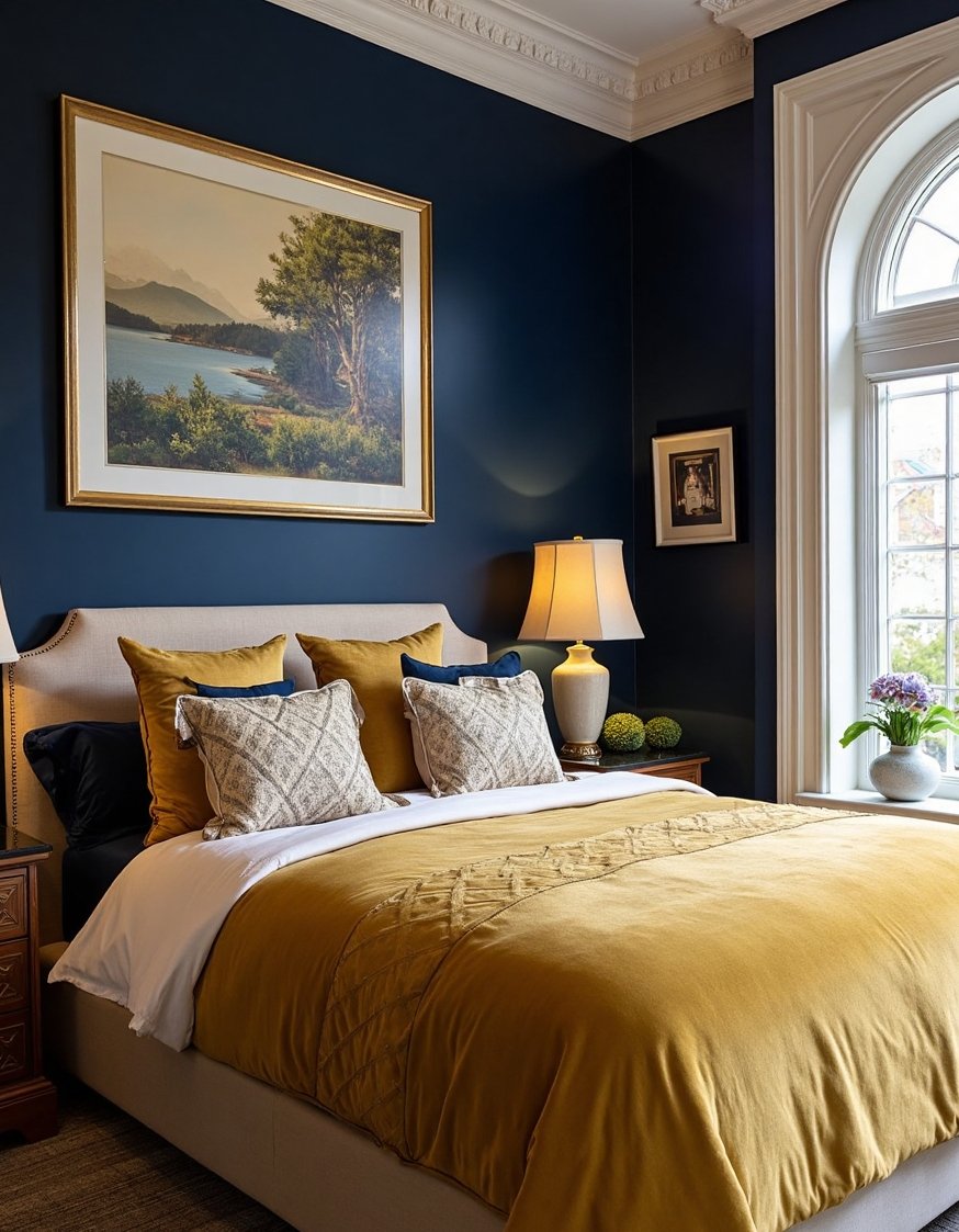 best bedroom color combination ideas - Luxurious Navy Blue & Gold Master Bedroom - Deep navy blue walls make a dramatic statement...