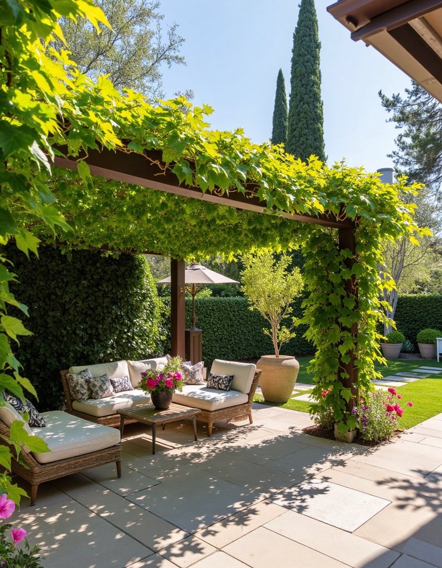 European Style Backyard - Shaded Mediterranean Backyard with Pergola & Seating - Escape to a Mediterranean-style backyard. A large pergola,...