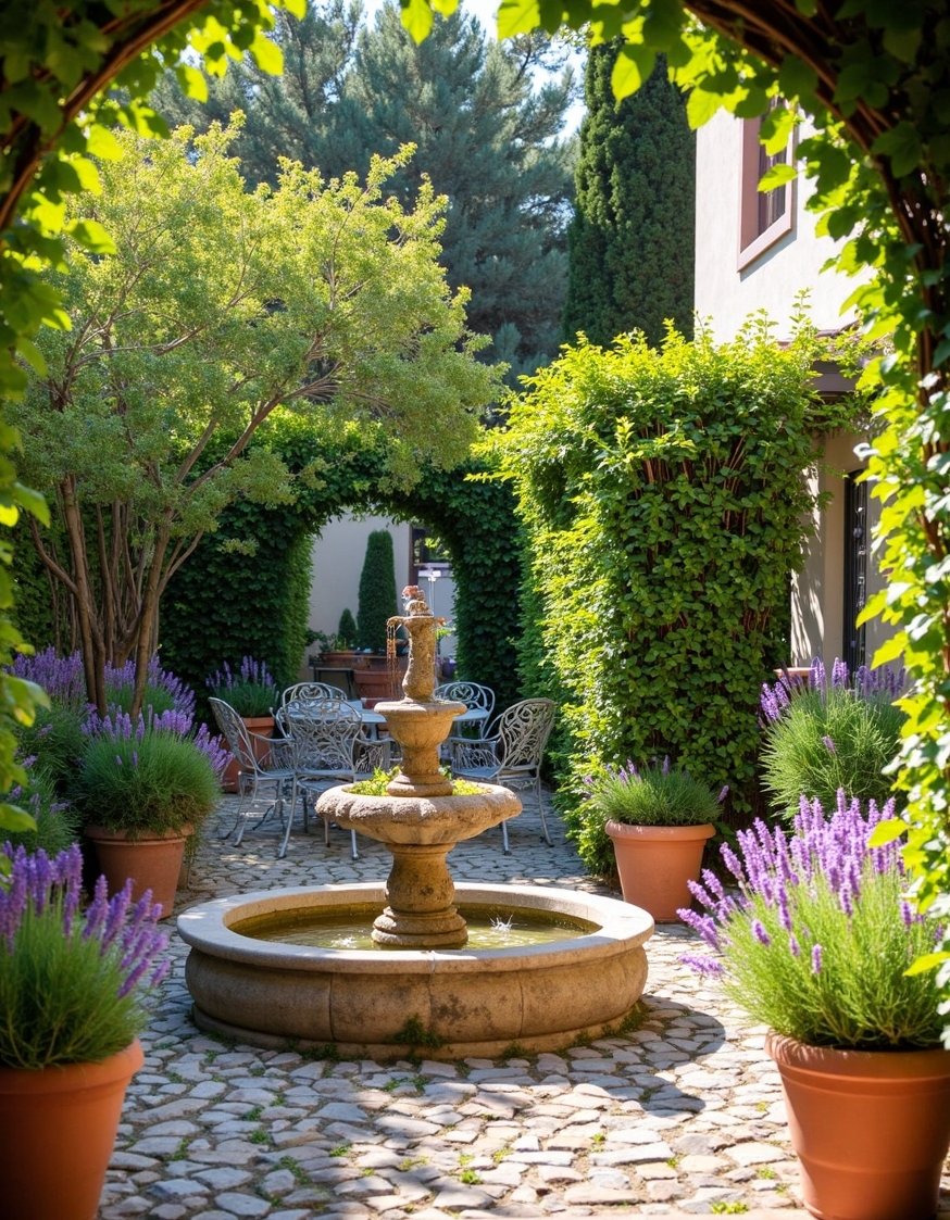 European Style Backyard - Sun-Drenched Mediterranean Backyard with Wrought Iron - Imagine a sun-soaked Mediterranean backyard. Terracotta pots overflow...