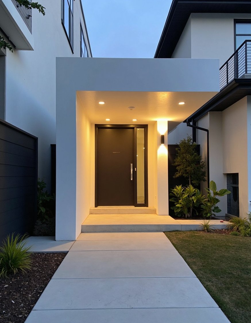 luxury houses entrance - Modern Entrance: Recessed Entryway with LED Lighting - Modern minimalist house entrance. A recessed entryway, subtly...