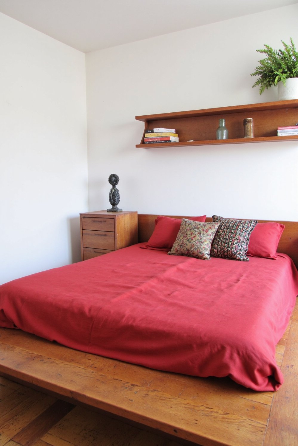 Cherry Bedroom Ideas - Sleek Cherry Wood Platform Bed in a Red Bedroom - Create a dreamy red and cherry bedroom. I...