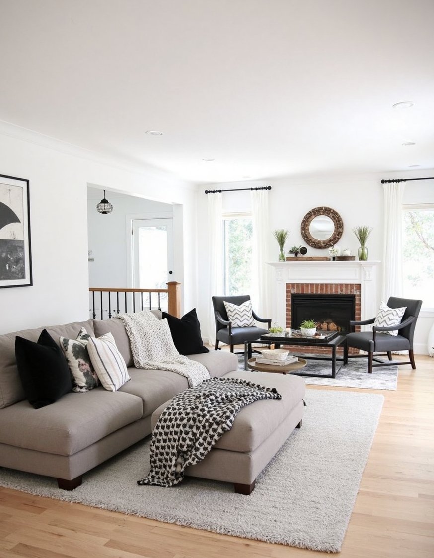 living room color combination ideas - Modern Farmhouse Living Room: White, Wood & Black - Modern farmhouse living room: Crisp white walls, light...